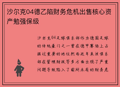 沙尔克04德乙陷财务危机出售核心资产勉强保级